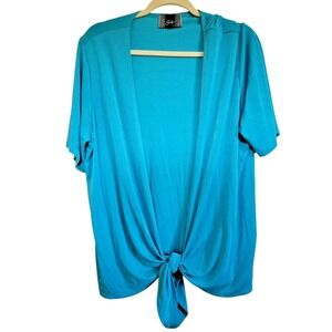 Slinky Brand 1X Women's Short Sleeve Tie Front Aqua Jacket‎ Cover Up Plus Size